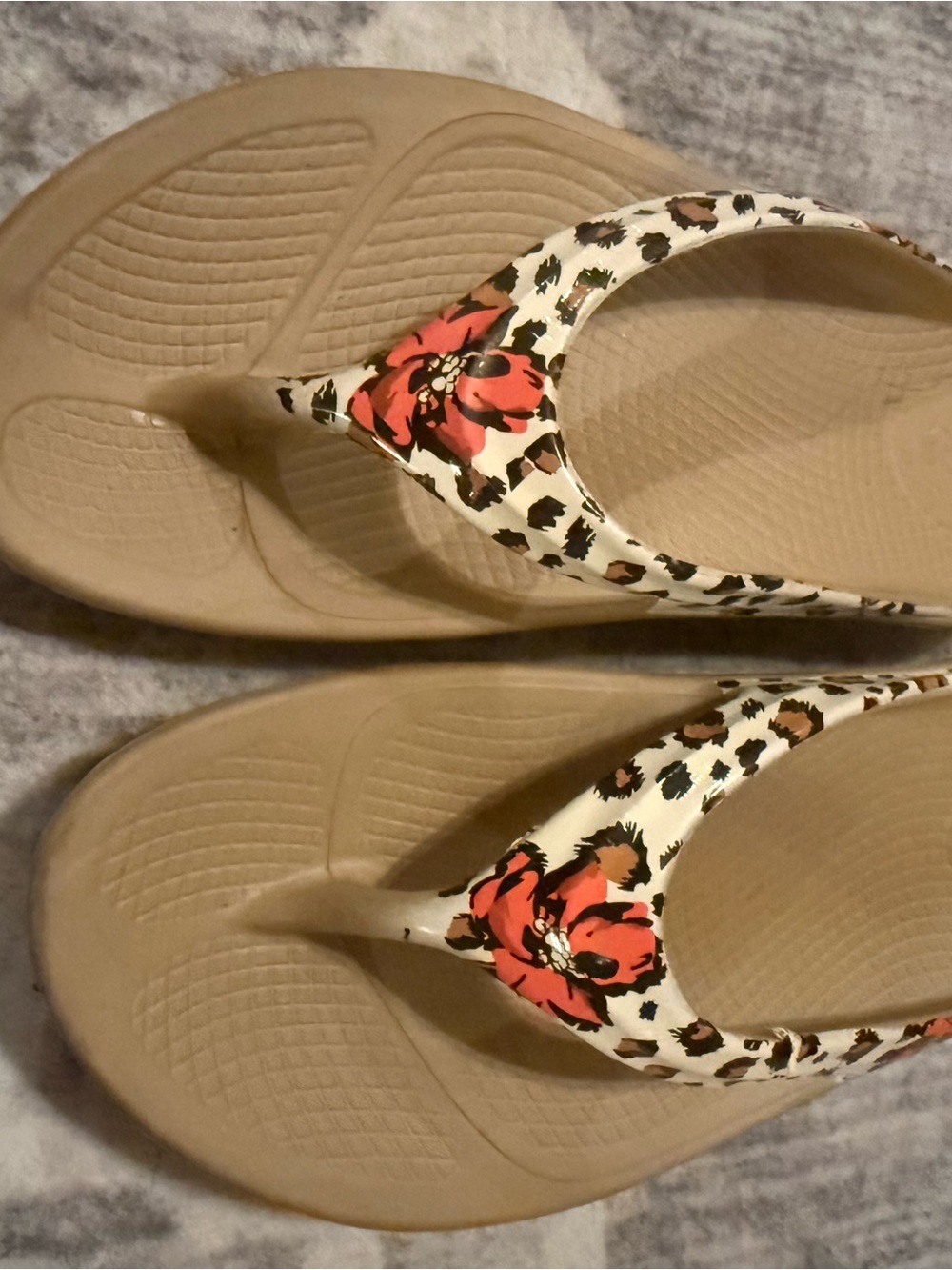 CROCS Beige Flip Flop Sandals with Floral & Leopard Print